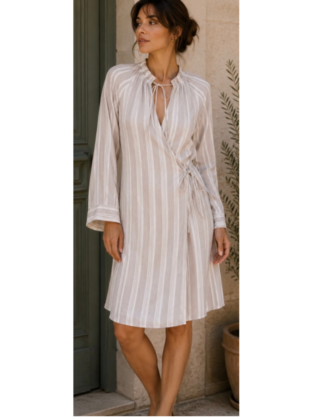 La Boheme 100% Silk Long Sleeve Striped Wrap Dress Size M Beige White New Lux!